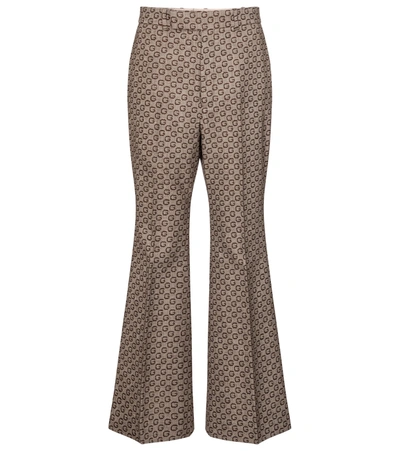 Shop Gucci G Jacquard High-rise Flared Wool Pants In Brown