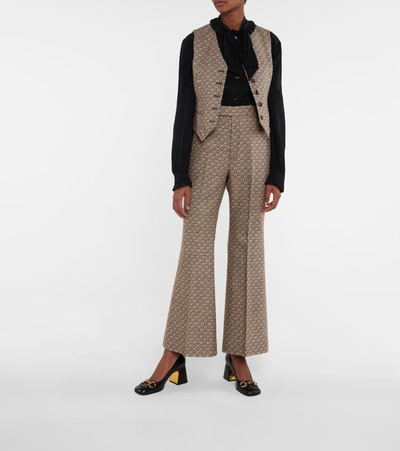 Shop Gucci G Jacquard High-rise Flared Wool Pants In Brown