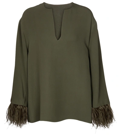 Shop Valentino Feather-trimmed Silk Blouse In Green