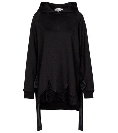 Shop Valentino Lace-trimmed Cotton-blend Hoodie In Black