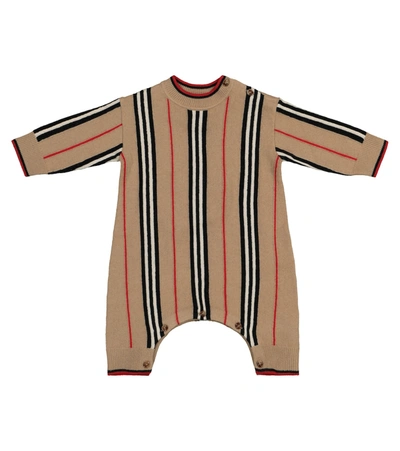 Shop Burberry Baby Icon Stripe Cashmere-blend Onesie In Beige