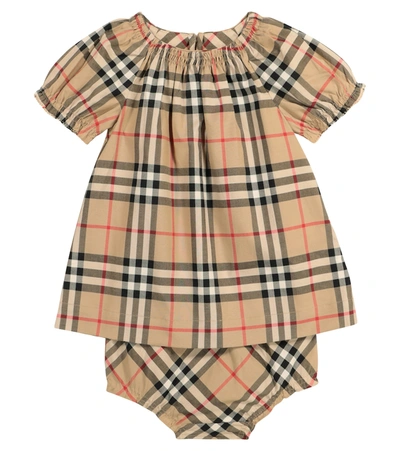 Shop Burberry Baby Vintage Check Cotton Dress And Bloomers Set In Beige