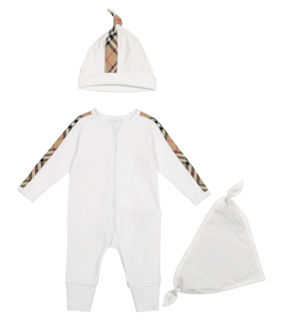 Shop Burberry Baby Cotton Onesie, Hat And Bib Set In White