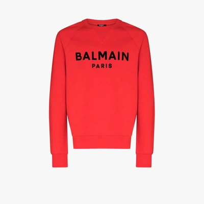 Shop Balmain Sweatshirt Mit Geflocktem Logo In Rot