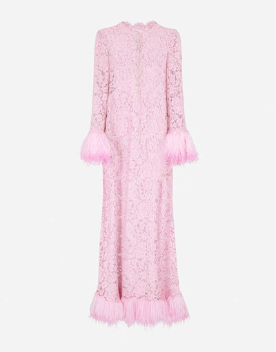 Shop Dolce & Gabbana Lace Caftan With Marabou Trim In Lilac