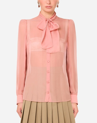 Shop Dolce & Gabbana Chiffon Shirt With Pussy Bow In Pink