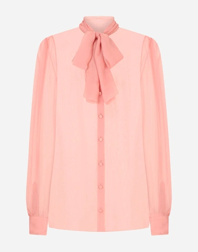 Shop Dolce & Gabbana Chiffon Shirt With Pussy Bow In Pink