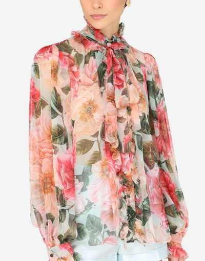 Shop Dolce & Gabbana Camellia-print Chiffon Shirt With Pussy Bow In Floral Print