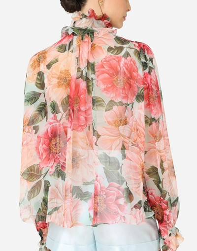 Shop Dolce & Gabbana Camellia-print Chiffon Shirt With Pussy Bow In Floral Print