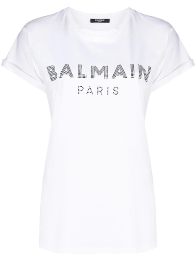 Shop Balmain Rhinestone-embellished Logo T-shirt In White