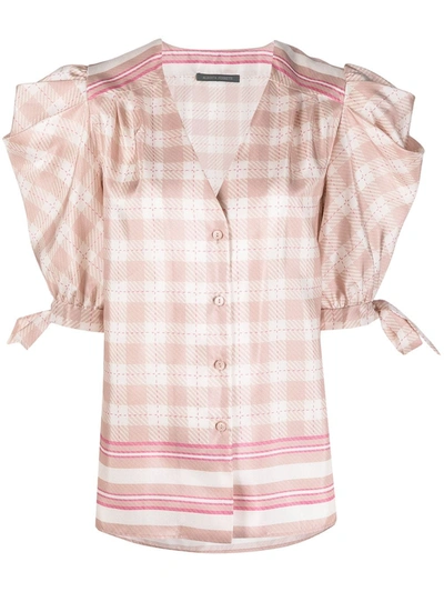 Shop Alberta Ferretti Check-print Puff-sleeve Satin Blouse In Pink