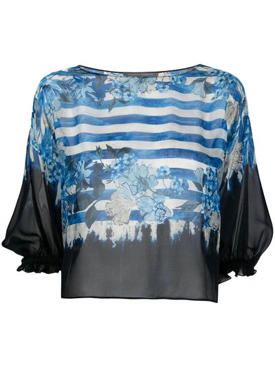 Shop Alberta Ferretti Stripe-print Floral Silk Blouse In Blue