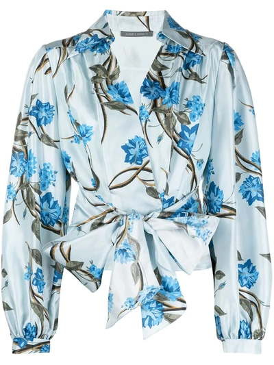 Shop Alberta Ferretti Floral-print Cropped Satin Blouse In Blue