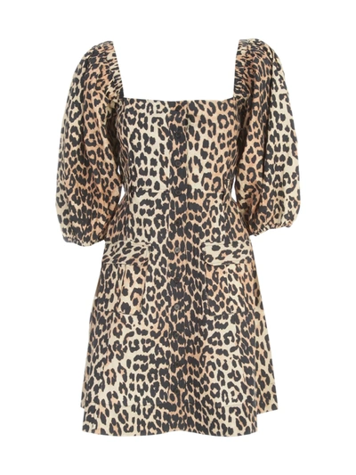 Shop Ganni Printed Cotton Poplin Wide Neck 3/4s Dress In Leopard