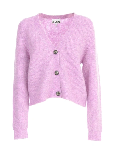 Shop Ganni Soft Wool Knit L/s Sweater W/buttons In Pastel Lilac