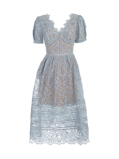 Shop Self-portrait Fine Cord Lace Midi Dress In Light Blue