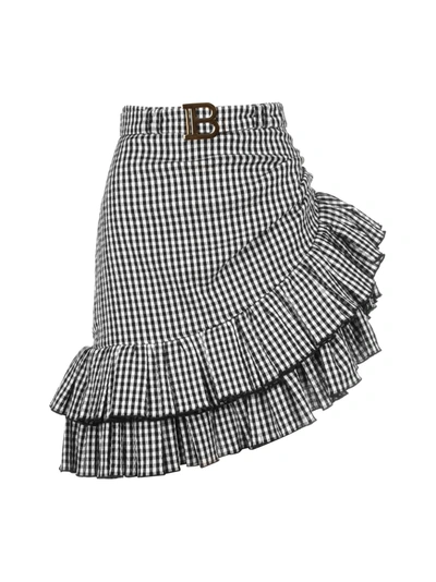Shop Balmain Short Asymmetric Ruffled Gingham Skirt In Eab Noir Blanc