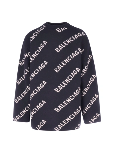 Shop Balenciaga Crewneck Logo Allover In Navy White