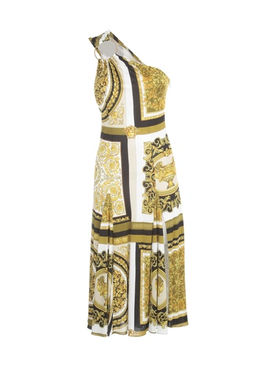 Shop Versace Printed Jersey Sleeveless Dress In Bianco Oro Kaki