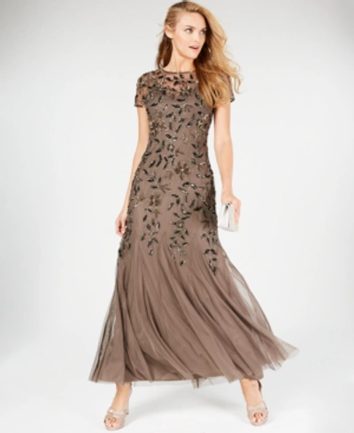 Adrianna Papell Size Floral-beaded Gown In Lead