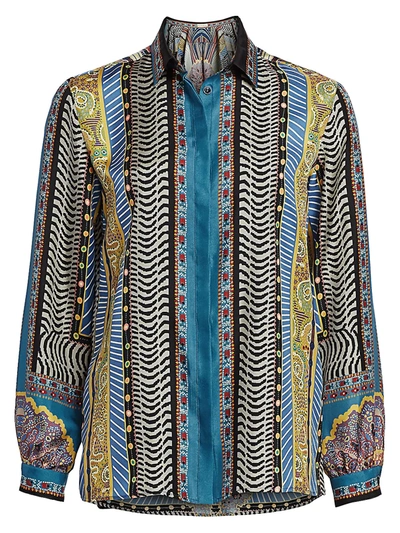 Shop Etro Women's Geometric Paisley Silk Blouse In Blue