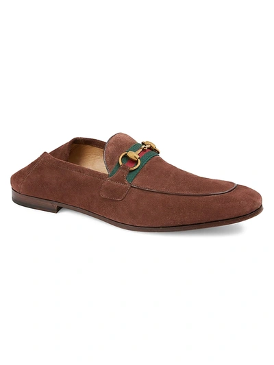 Shop Gucci Web Brixton Suede Loafers In Brown
