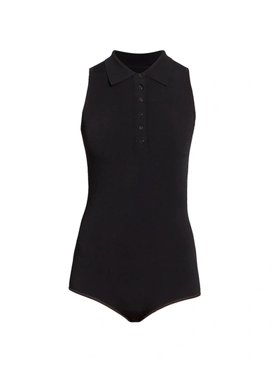 Shop Alaïa Sleeveless Collared Polo Knit Bodysuit In Noir