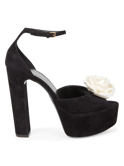 Shop Saint Laurent Jodie Floral-appliqué Suede Platform Sandals In Black