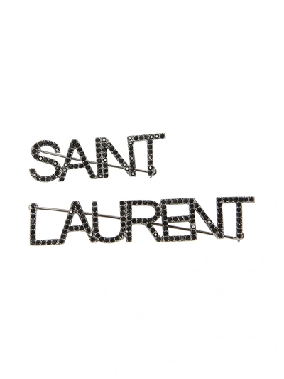Shop Saint Laurent Logo Crystal Set Of Two Brooches In Nickel