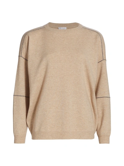 Shop Brunello Cucinelli Cashmere-blend Monili Panel Knit Sweater In Brown