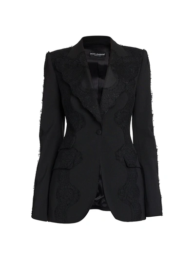 Shop Dolce & Gabbana Lace Appliqué Single Button Jacket In Black