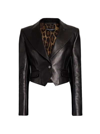 Shop Dolce & Gabbana Leather Top Stitch Crop Jacket In Black