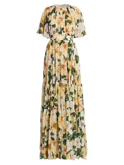 Shop Dolce & Gabbana Floral Georgette Silk Tiered Gown In Yellow