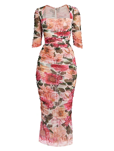 Shop Dolce & Gabbana Floral Tulle Ruched Midi Dress In Pink