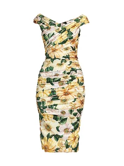 Shop Dolce & Gabbana Floral Ruched Stretch Satin Midi Dress In Yellow
