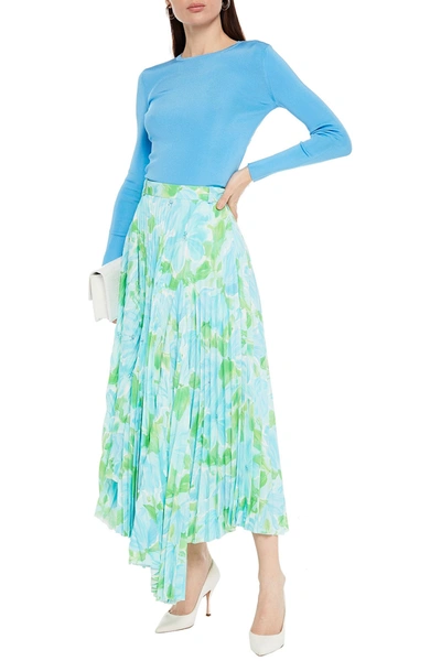 Shop Balenciaga Asymmetric Floral-print Plissé-crepe Skirt In Light Blue