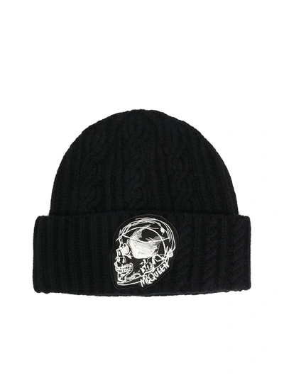 Shop Alexander Mcqueen Logo-patch Cable-knit Beanie In Black