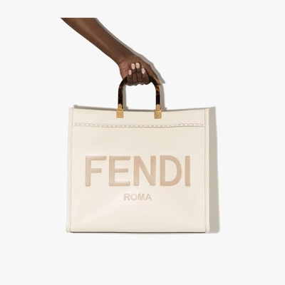 Shop Fendi Neutral Sunshine Large Leather Tote Bag In Neutrals