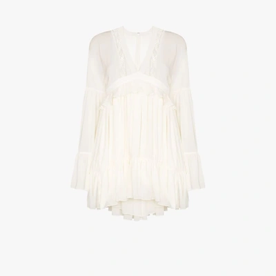 Shop Saint Laurent White V-neck Lace Insert Mini Dress