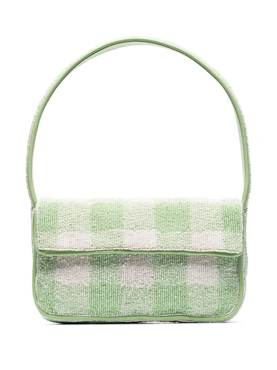 Shop Staud Beaded Gingham Check Shoulder Bag In Green