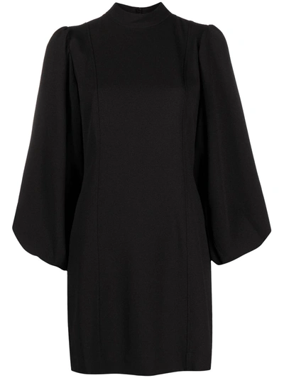 Shop Ganni Puff-sleeve Cocktail Dress In Black