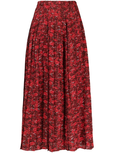 Shop Valentino Lip Print Pleated Skirt In Red