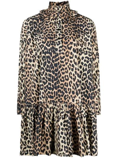 Shop Ganni Ruffled-neck Leopard Dress In Neutrals ,black