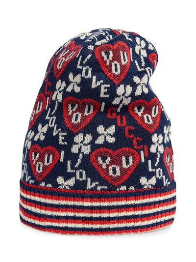 Shop Gucci Jacquard Pattern Knit Beanie In Blue