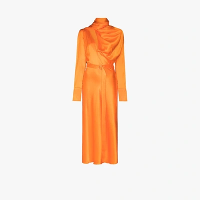 Shop Materiel Draped Silk Midi Dress In Orange