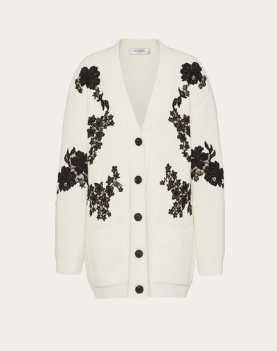 Shop Valentino Cashmere Wool And Lace Cardigan In Ivory/black