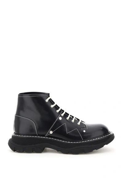 Shop Alexander Mcqueen Leather Lace-up Boots With Stitching In Black Silver (black)