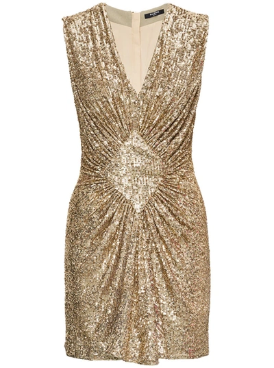 Shop Balmain Short Pleated Dress With Golden Paillettes In Metallic