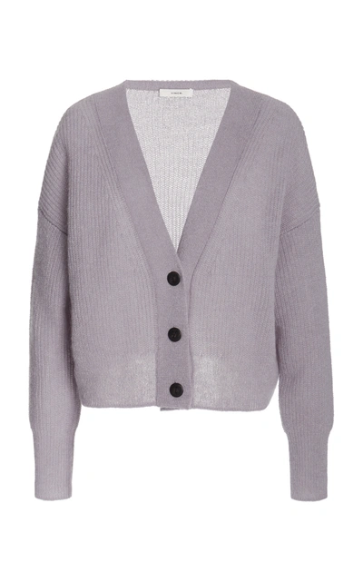 Shop Vince Featherweight Ribbed Mohair-blend Cardigan In Grey