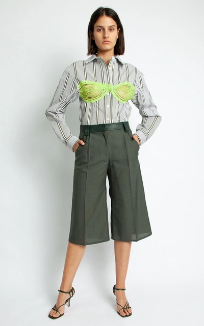 Shop Christopher Esber Leather-trimmed Wool Shorts In Green